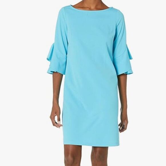 NWT Nine West Aqua Long Sleeve Mini Dress | Flared/Bell Sleeves | Size 4 - Picture 1 of 8